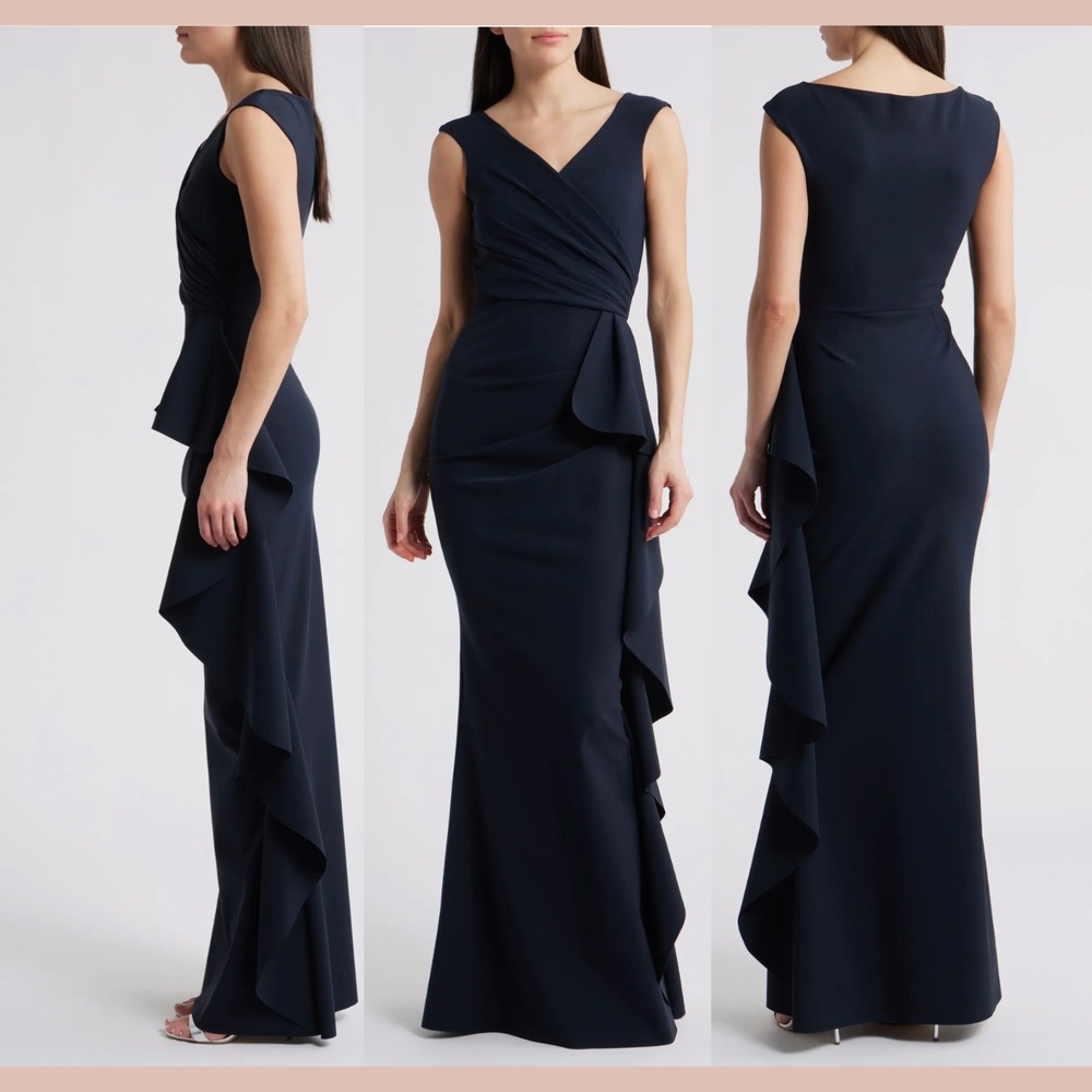 NEW $1090 Chiara Boni La Petite Robe [ 42 ] Sozen Cascade Ruffle Gown Navy S2158